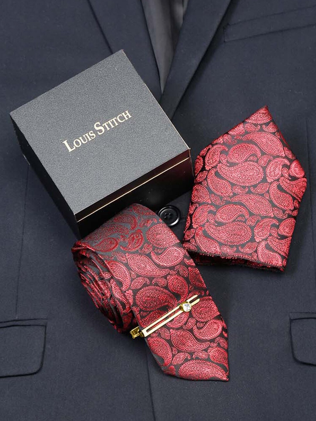 

LOUIS STITCH Men Printed Italian Silk Necktie Accessory Gift Set, Red