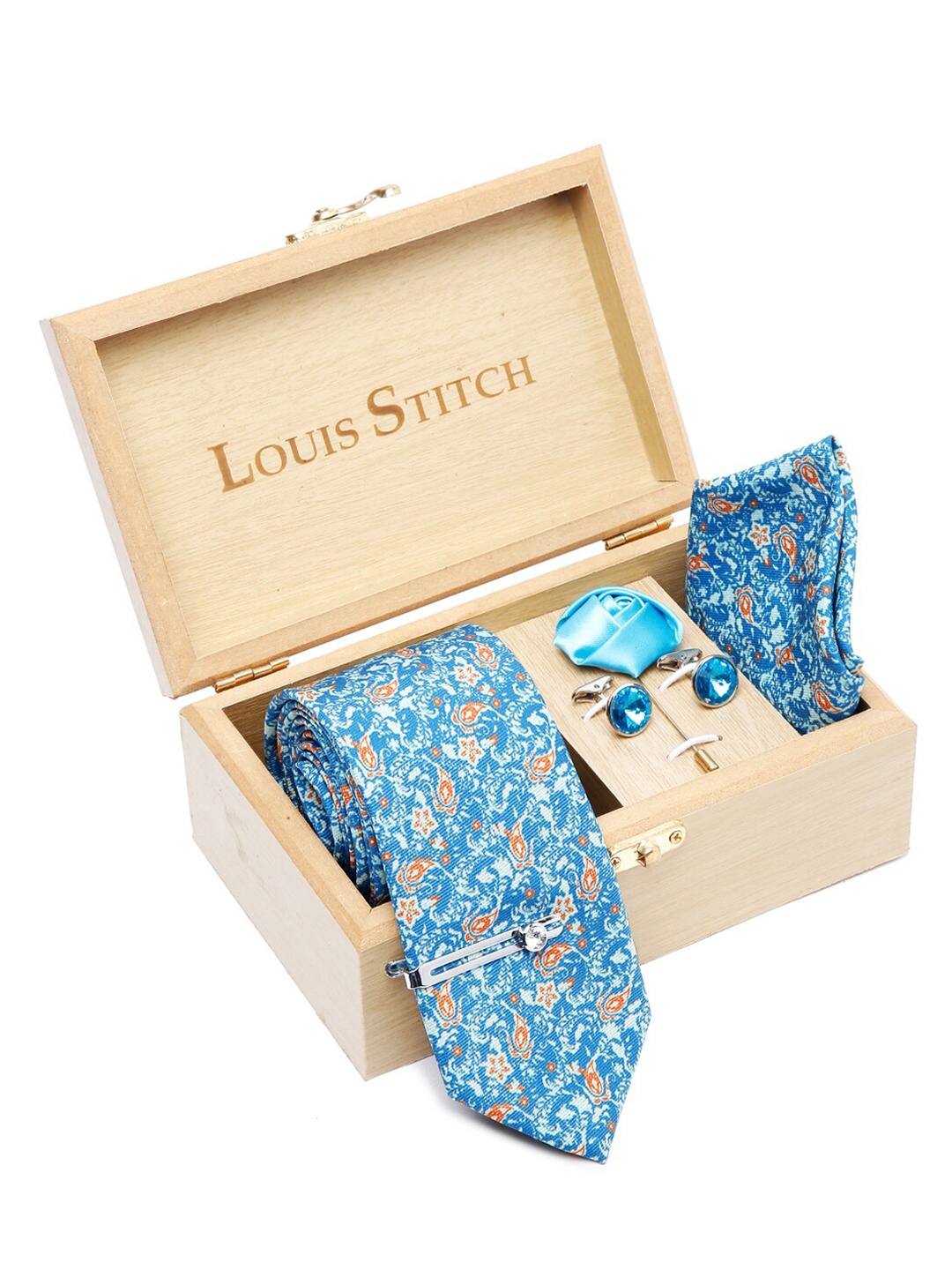 

LOUIS STITCH Men Silk Necktie Accessory Gift Set, Blue