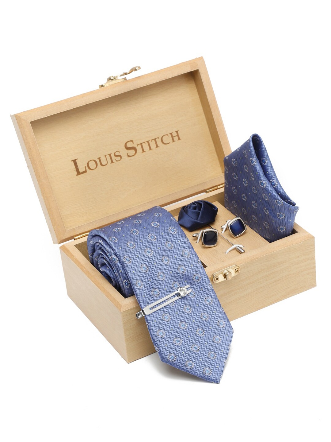 

LOUIS STITCH Men Italian Silk Necktie Accessory Gift Set, Blue