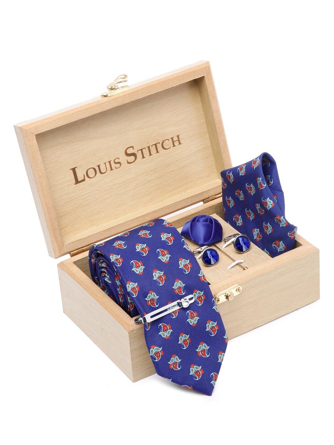 

LOUIS STITCH Men Printed Italian Silk Necktie Accessory Gift Set, Blue