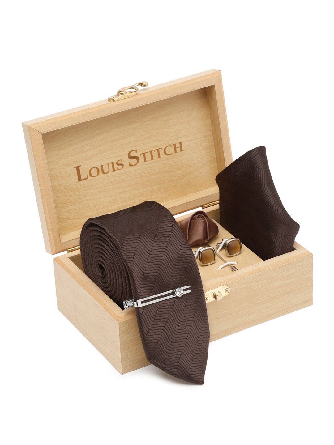 

LOUIS STITCH Men Italian Silk Necktie Accessory Gift Set, Brown