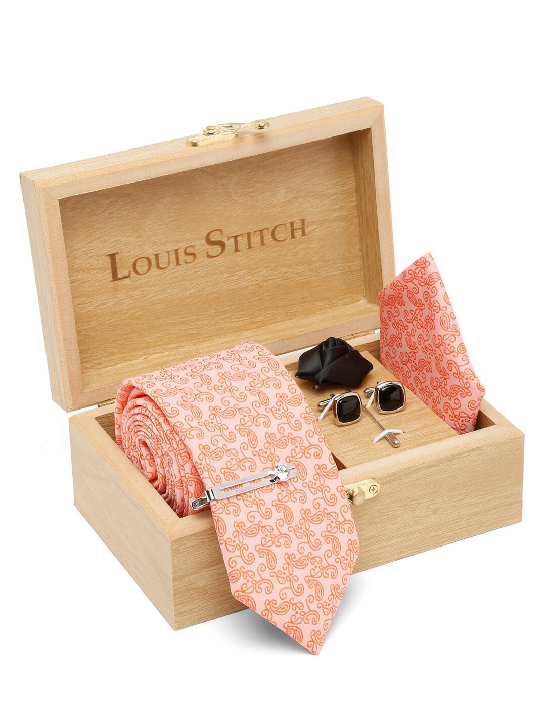 

LOUIS STITCH Men Silk Necktie Accessory Gift Set, Peach