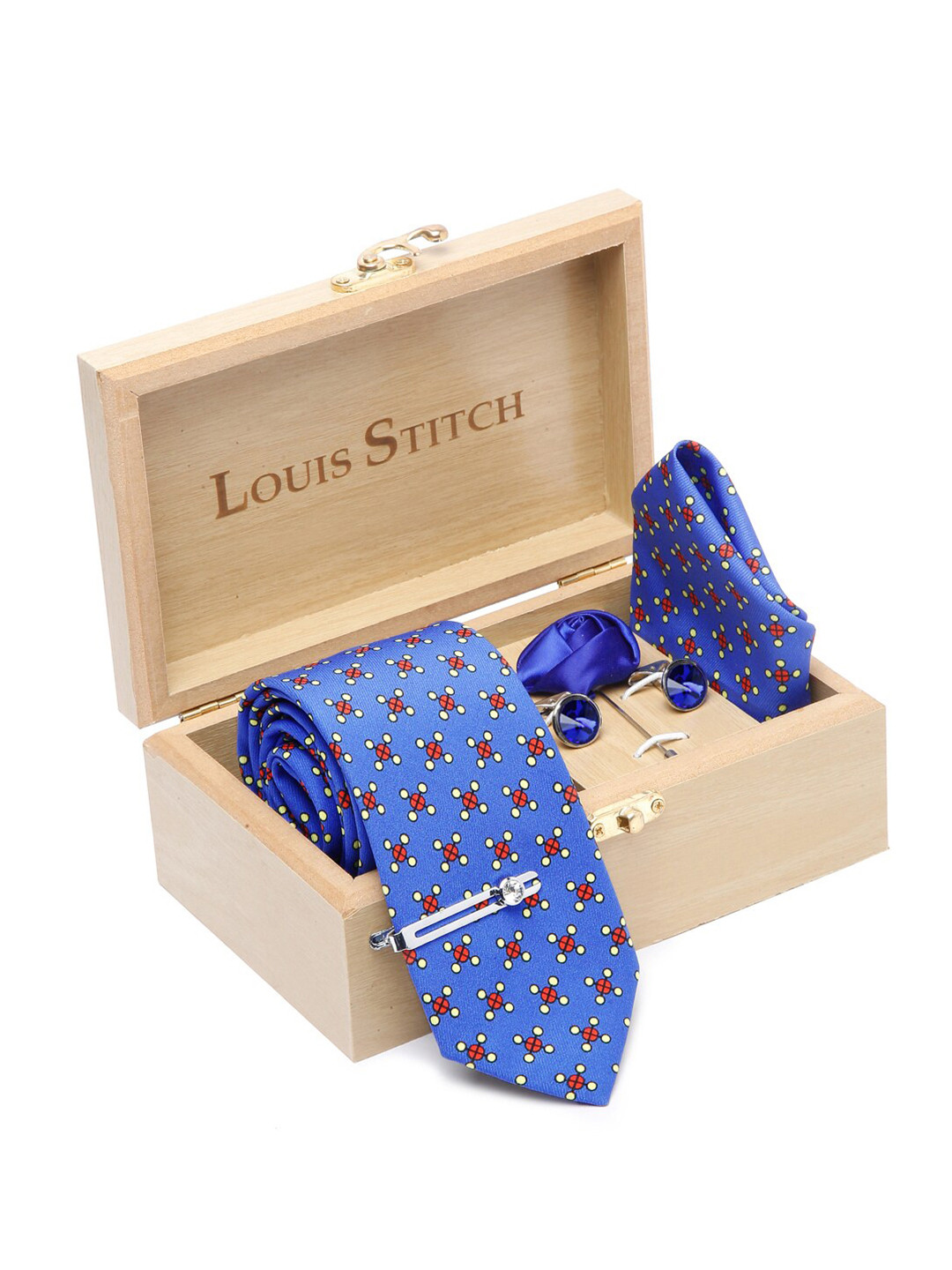 

LOUIS STITCH Men Printed Italian Silk Necktie Accessory Gift Set, Blue