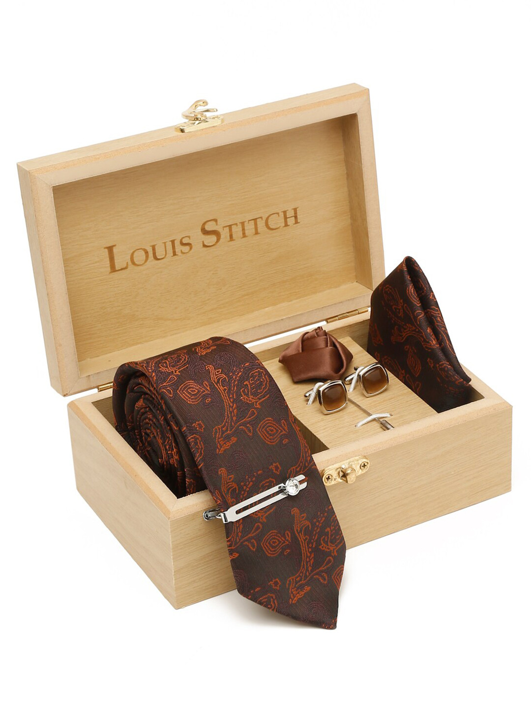

LOUIS STITCH Italian Silk Necktie Accessory Gift Set, Brown