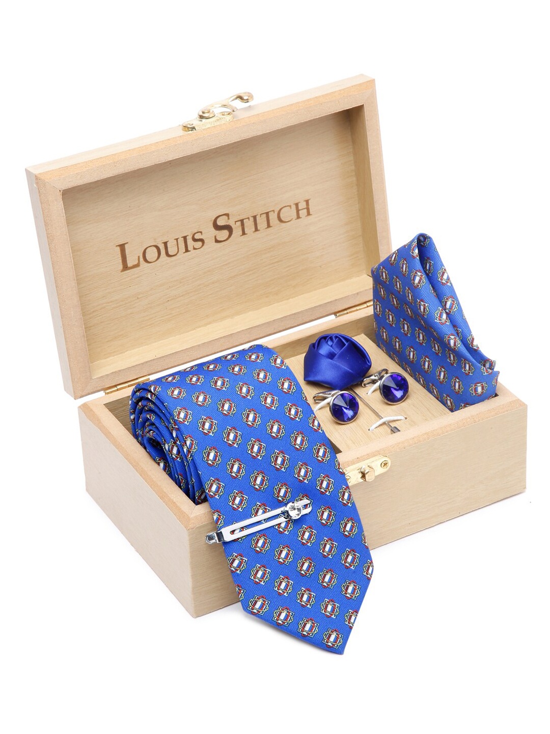 

LOUIS STITCH Printed Italian Silk Necktie Accessory Gift Set, Blue