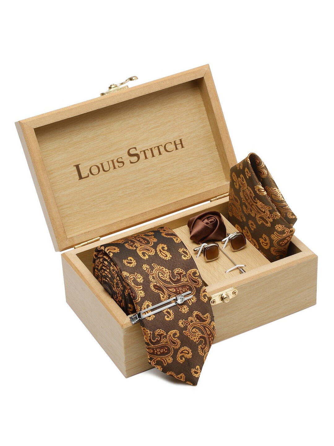 

LOUIS STITCH Men Italian Silk Necktie Accessory Gift Set, Brown