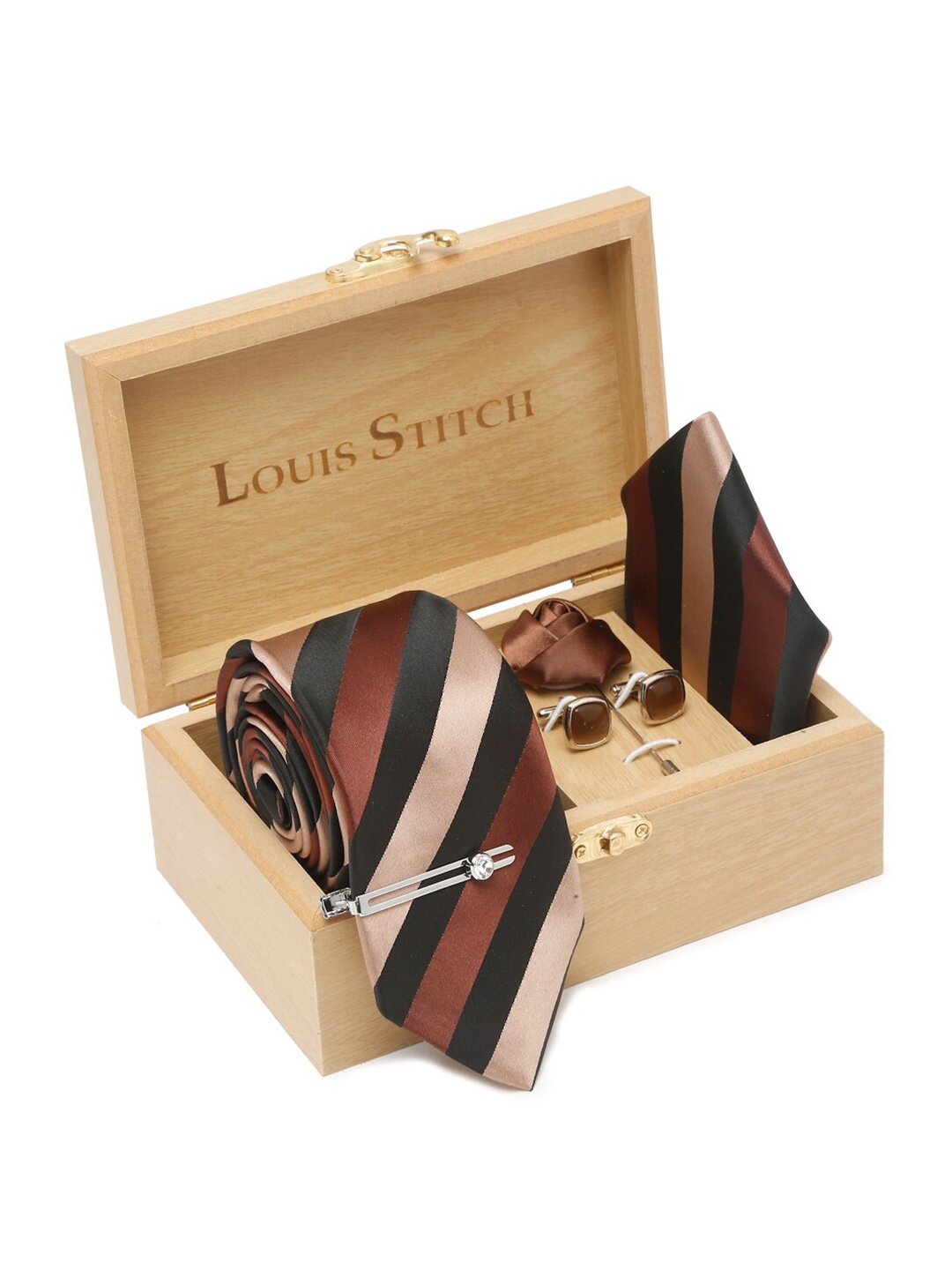 

LOUIS STITCH Men Italian Silk Necktie Accessory Gift Set, Brown