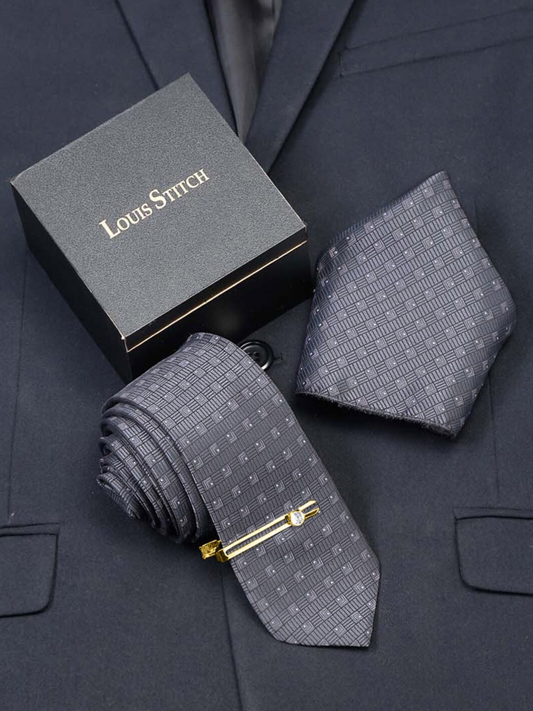 

LOUIS STITCH Men Italian Silk Necktie Accessory Gift Set, Grey