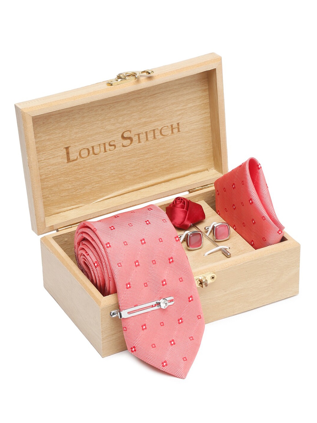 

LOUIS STITCH Men Silk Necktie Accessory Gift Set, Peach