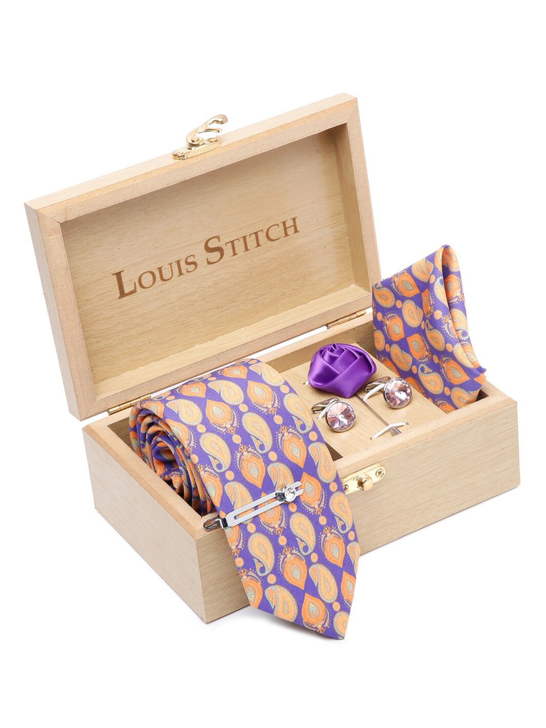 

LOUIS STITCH Men Printed Silk Necktie Accessory Gift Set, Purple