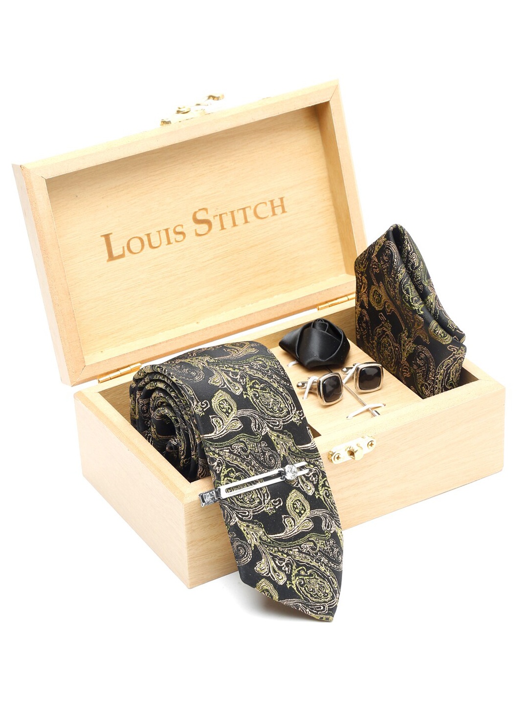 

LOUIS STITCH Men Italian Silk Printed Necktie Accessory Gift Set, Green