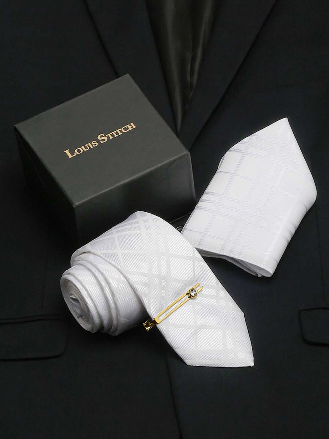 

LOUIS STITCH Men Italian Silk Necktie Accessory Gift Set, White