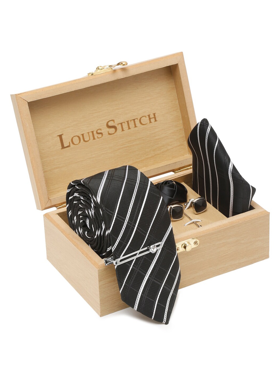 

LOUIS STITCH Men Striped Necktie Silk Accessory Gift Set, Black