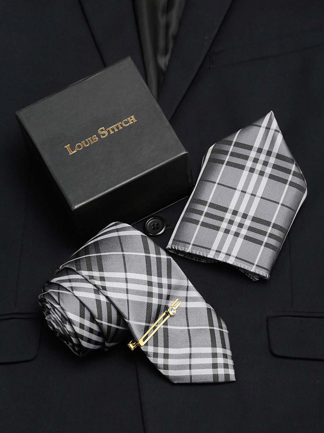 

LOUIS STITCH Men Italian Silk Necktie Accessory Gift Set, Grey