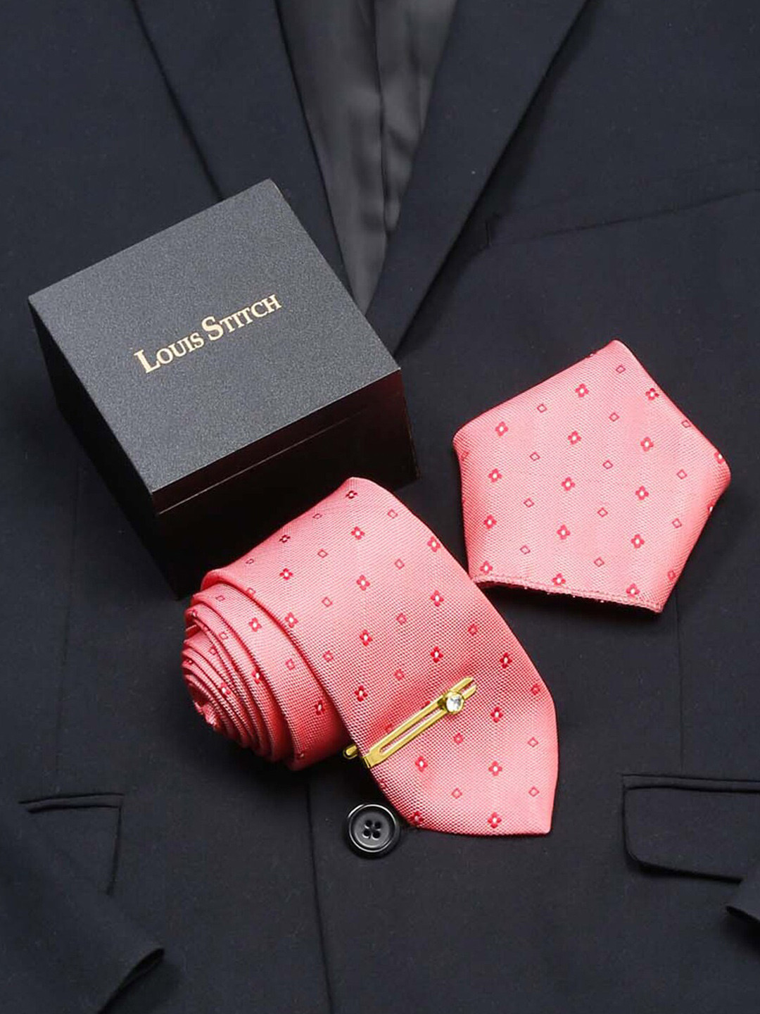 

LOUIS STITCH Men Silk Necktie Accessory Gift Set, Peach