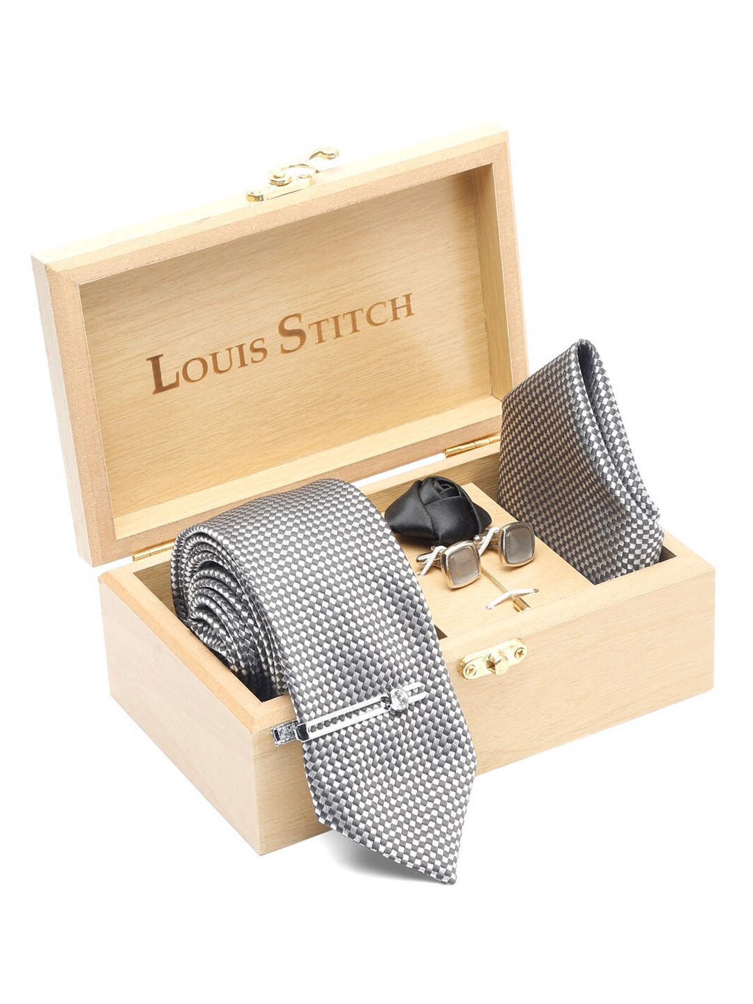 

LOUIS STITCH Men Checked Silk Necktie Accessory Gift Set, Grey