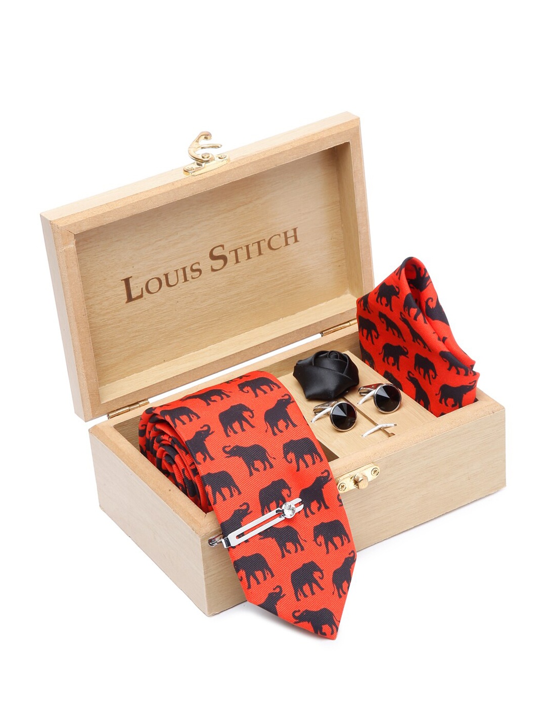 

LOUIS STITCH Men Conversational Printed Italian Silk Necktie Accessory Gift Set, Red
