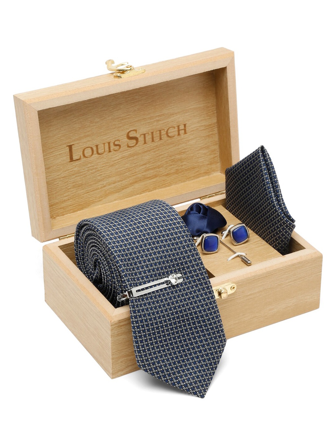 

LOUIS STITCH Men Printed Italian Silk Necktie Accessory Gift Set, Blue