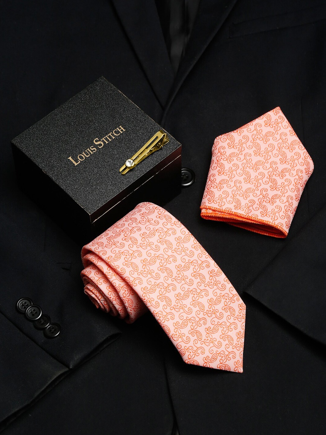 

LOUIS STITCH Italian Silk Necktie Accessory Gift Set, Peach