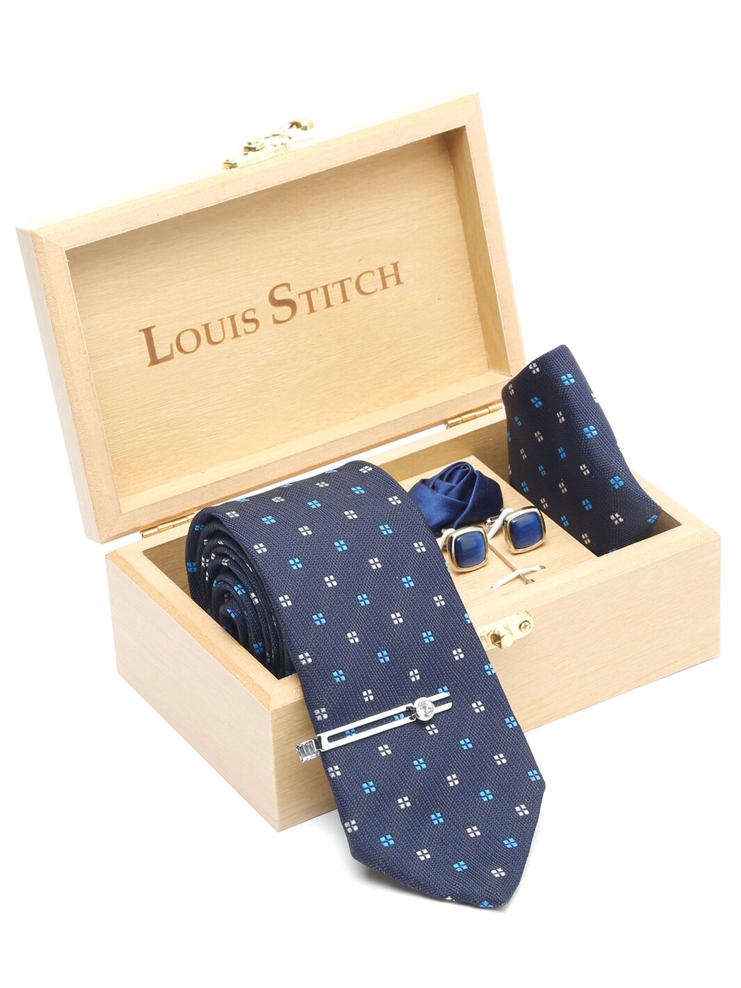 

LOUIS STITCH Woven Designed Italian Silk Necktie Accessory Gift Set, Blue