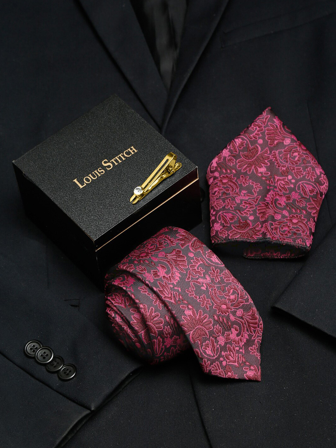 

LOUIS STITCH Woven Design Italian Silk Necktie Accessory Gift Set, Purple