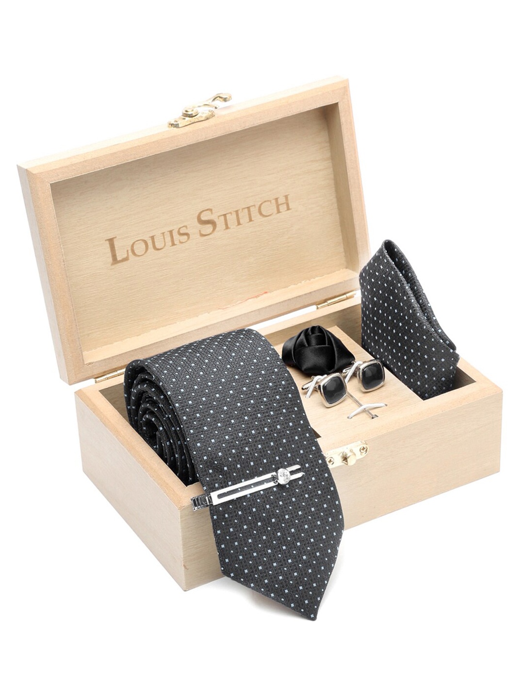 

LOUIS STITCH Men Printed Italian Silk Necktie Accessory Gift Set, Black