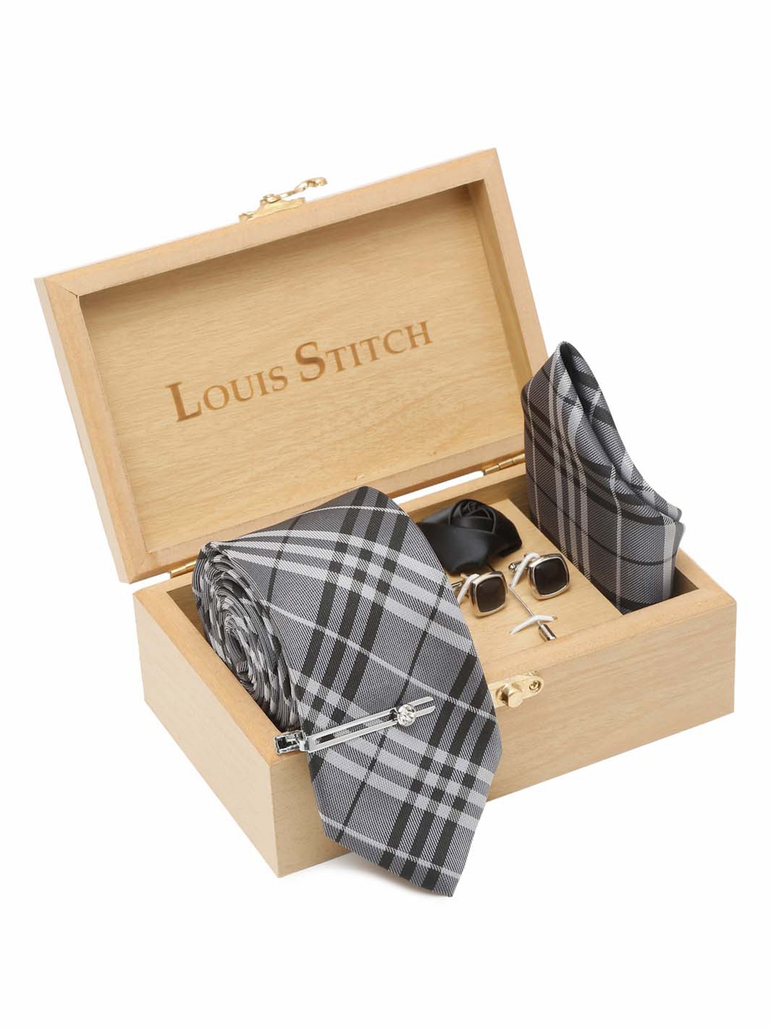 

LOUIS STITCH Woven Designed Printed Italian Silk Necktie Accessory Gift Set, Grey