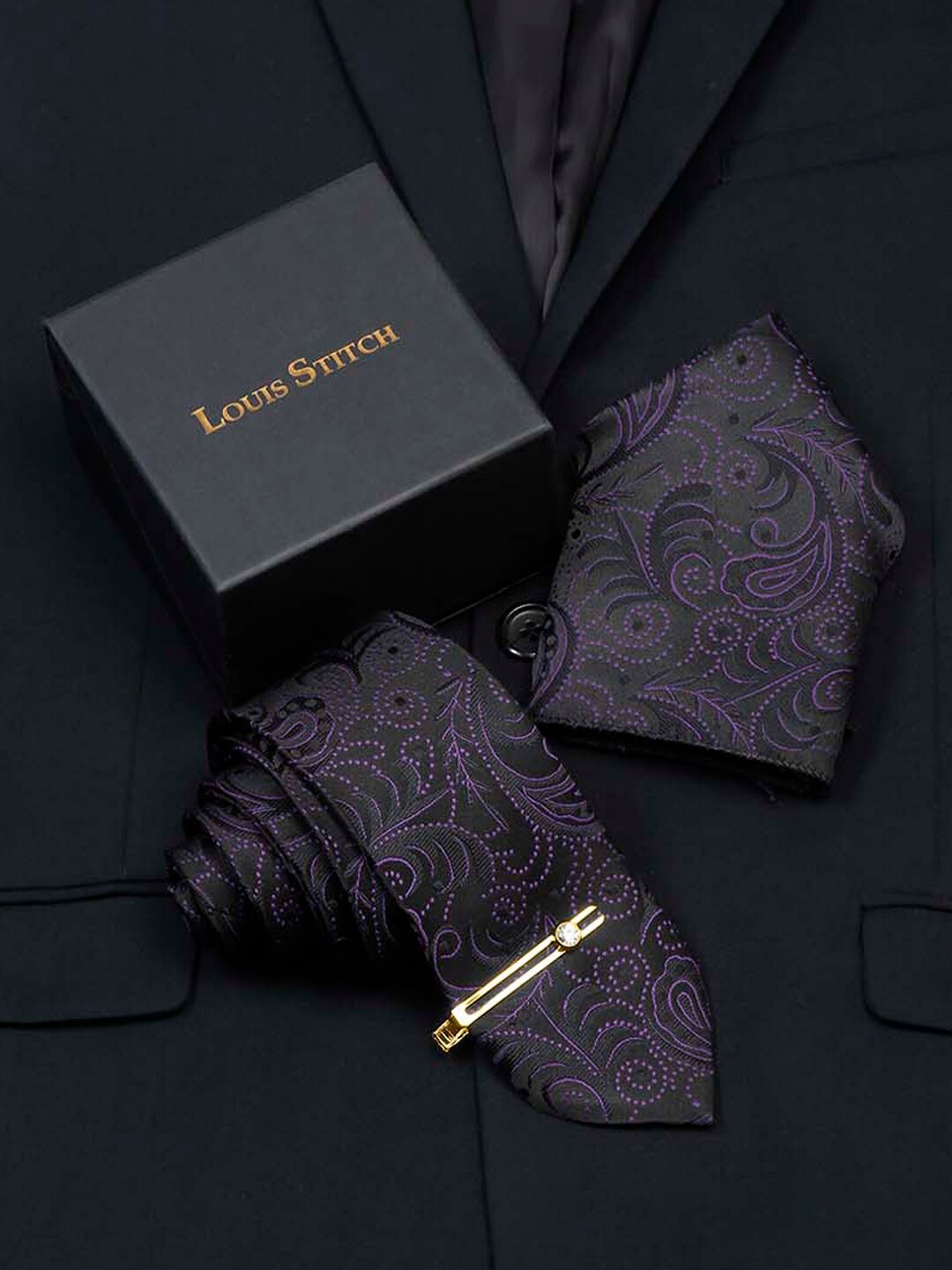 

LOUIS STITCH Men Silk Printed Necktie Accessory Gift Set, Purple