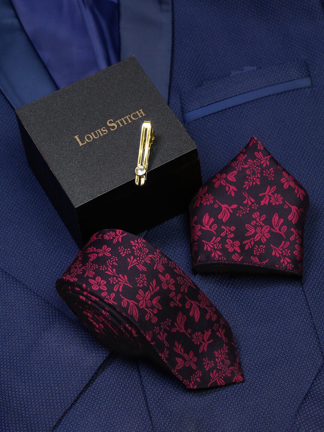 

LOUIS STITCH Men Silk Printed Necktie Accessory Gift Set, Pink