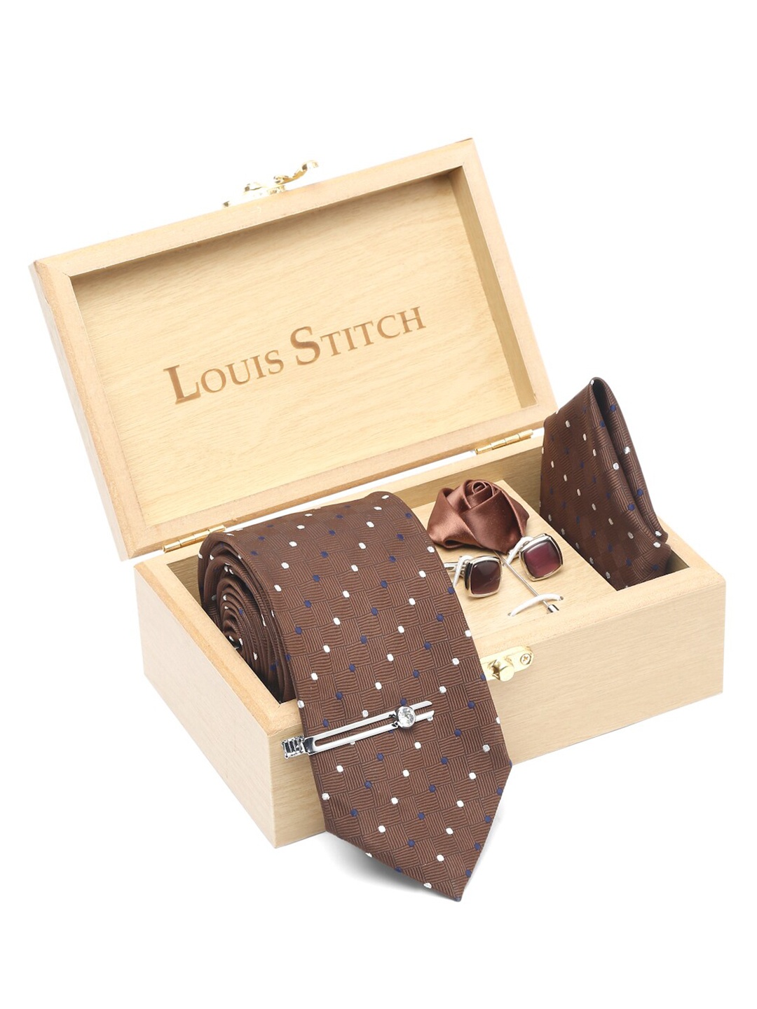 

LOUIS STITCH Men Printed Italian Silk Necktie Accessory Gift Set, Brown