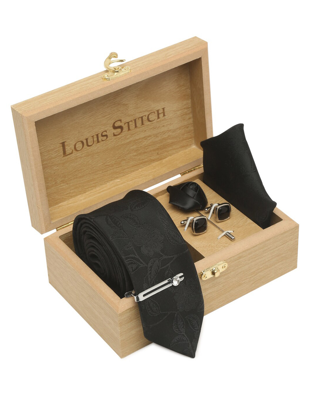 

LOUIS STITCH Men Silk Printed Necktie Accessory Gift Set, Black