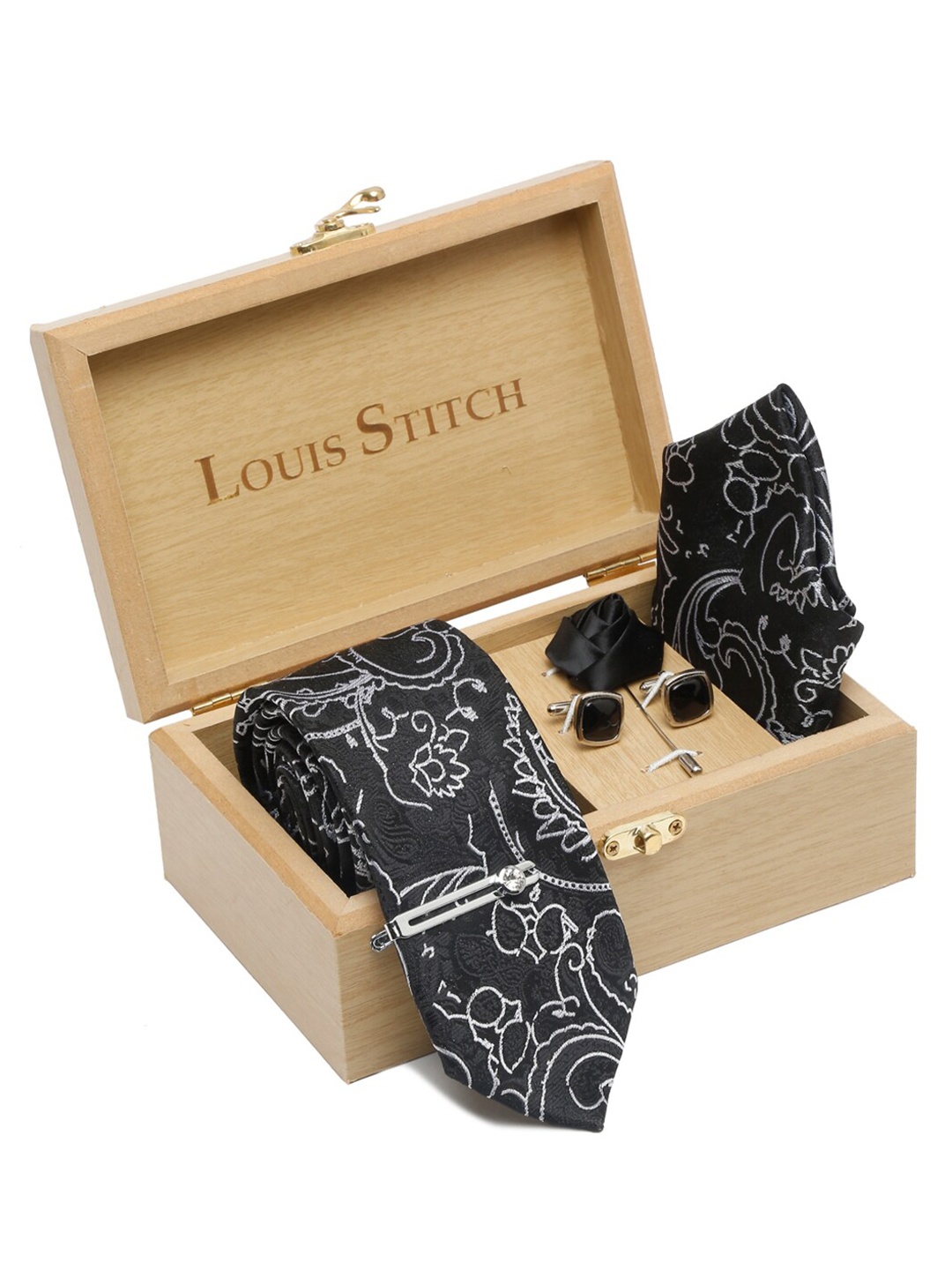 

LOUIS STITCH Men Silk Printed Necktie Accessory Gift Set, Black