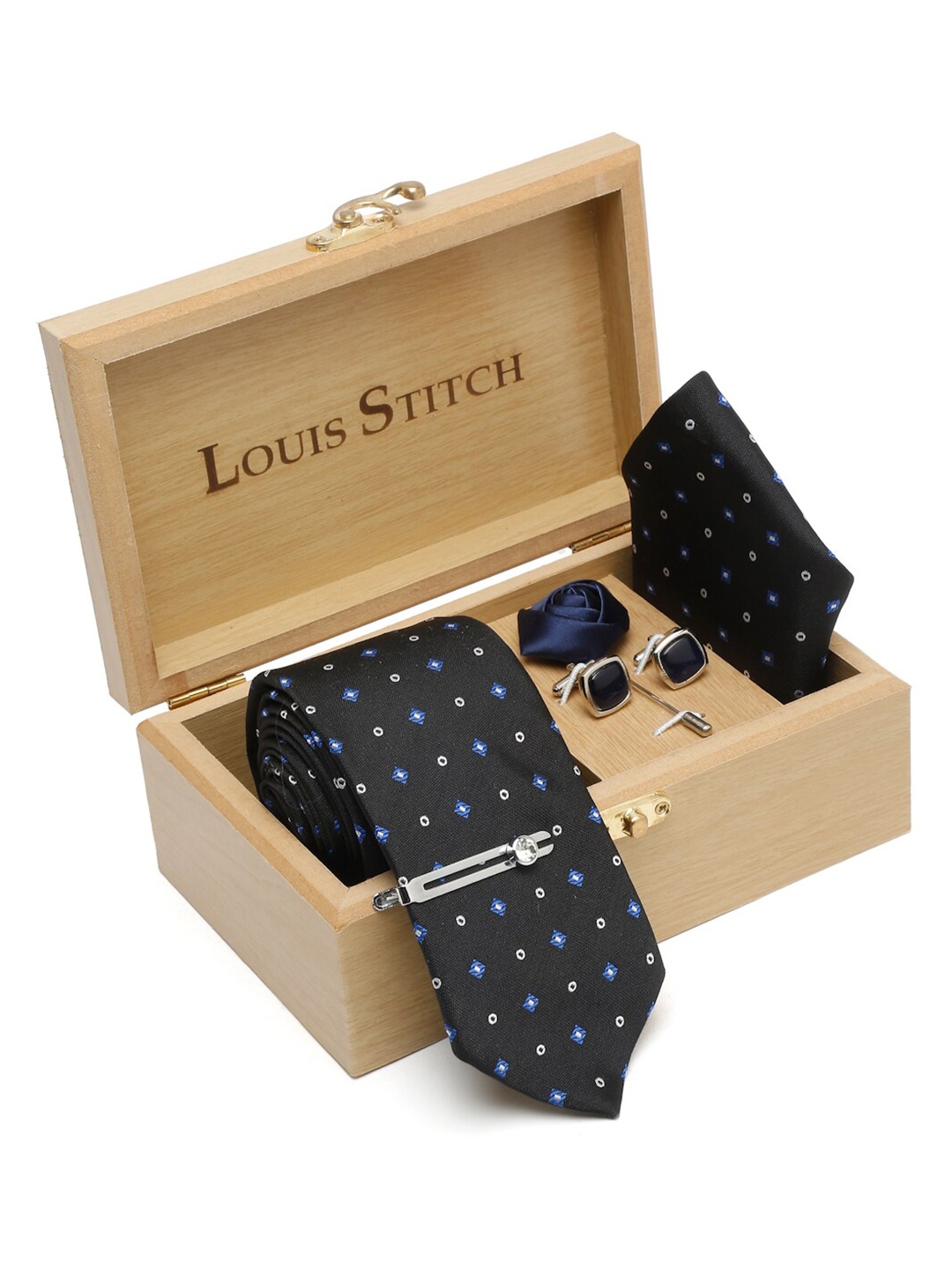 

LOUIS STITCH Men Woven Design Necktie Silk Accessory Gift Set, Black