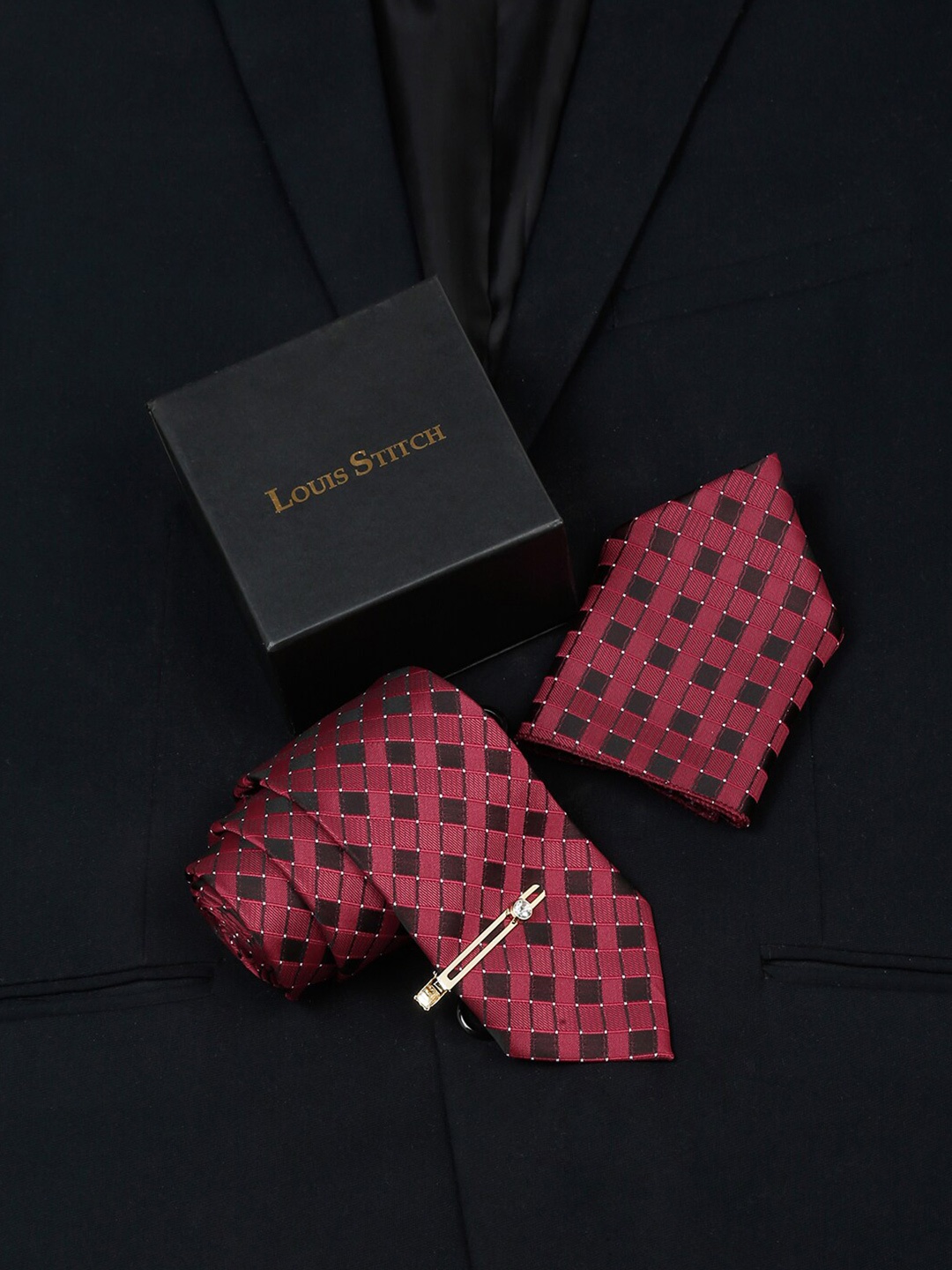 

LOUIS STITCH Woven Designed Silk Necktie Accessory Gift Set, Red