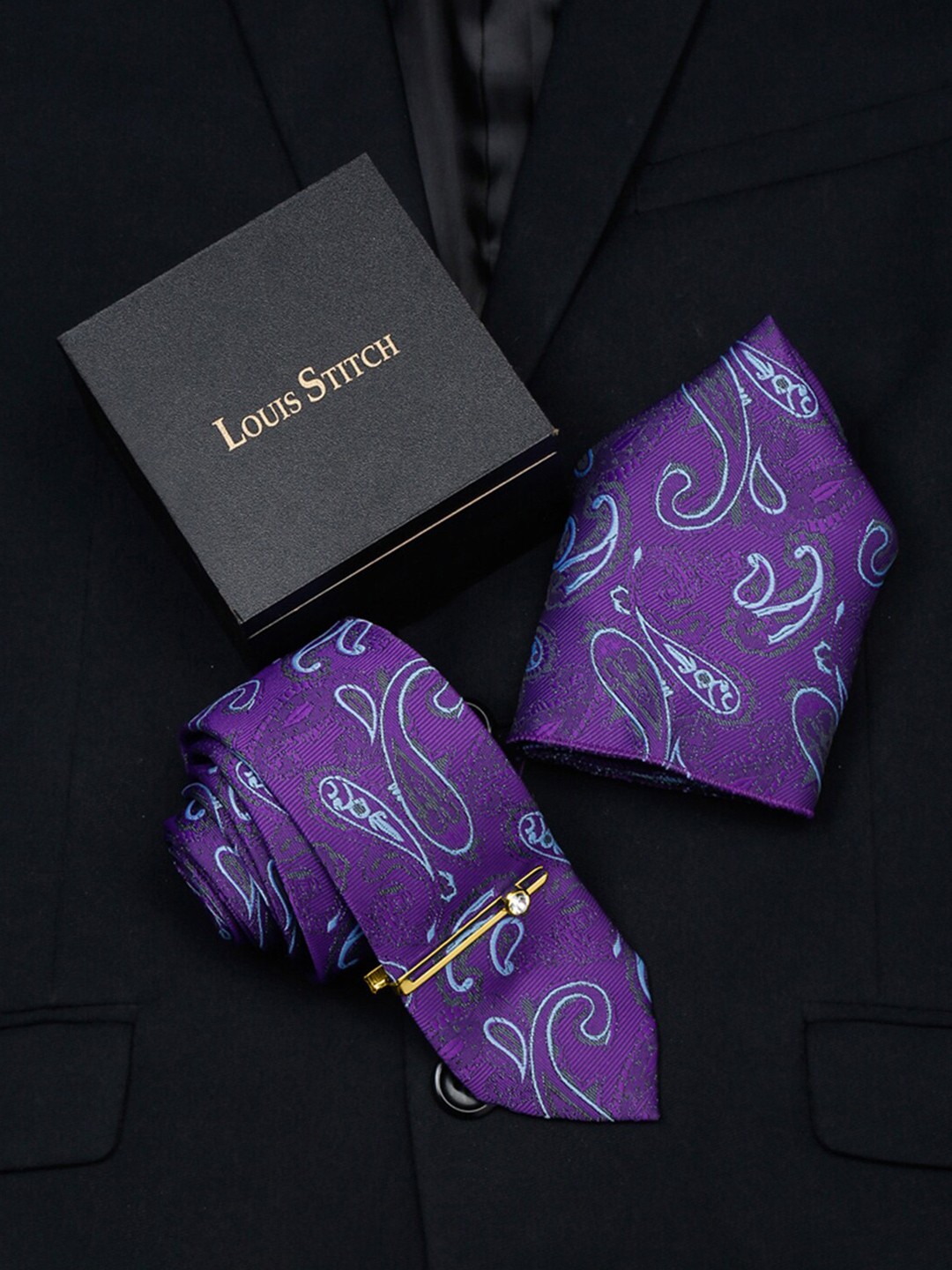 

LOUIS STITCH Men Silk Printed Necktie Accessory Gift Set, Violet