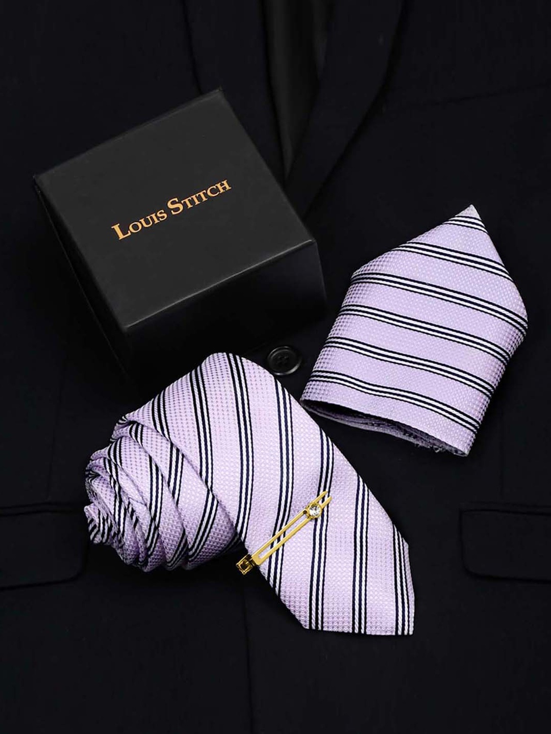 

LOUIS STITCH Men Striped Necktie Silk Accessory Gift Set, Violet