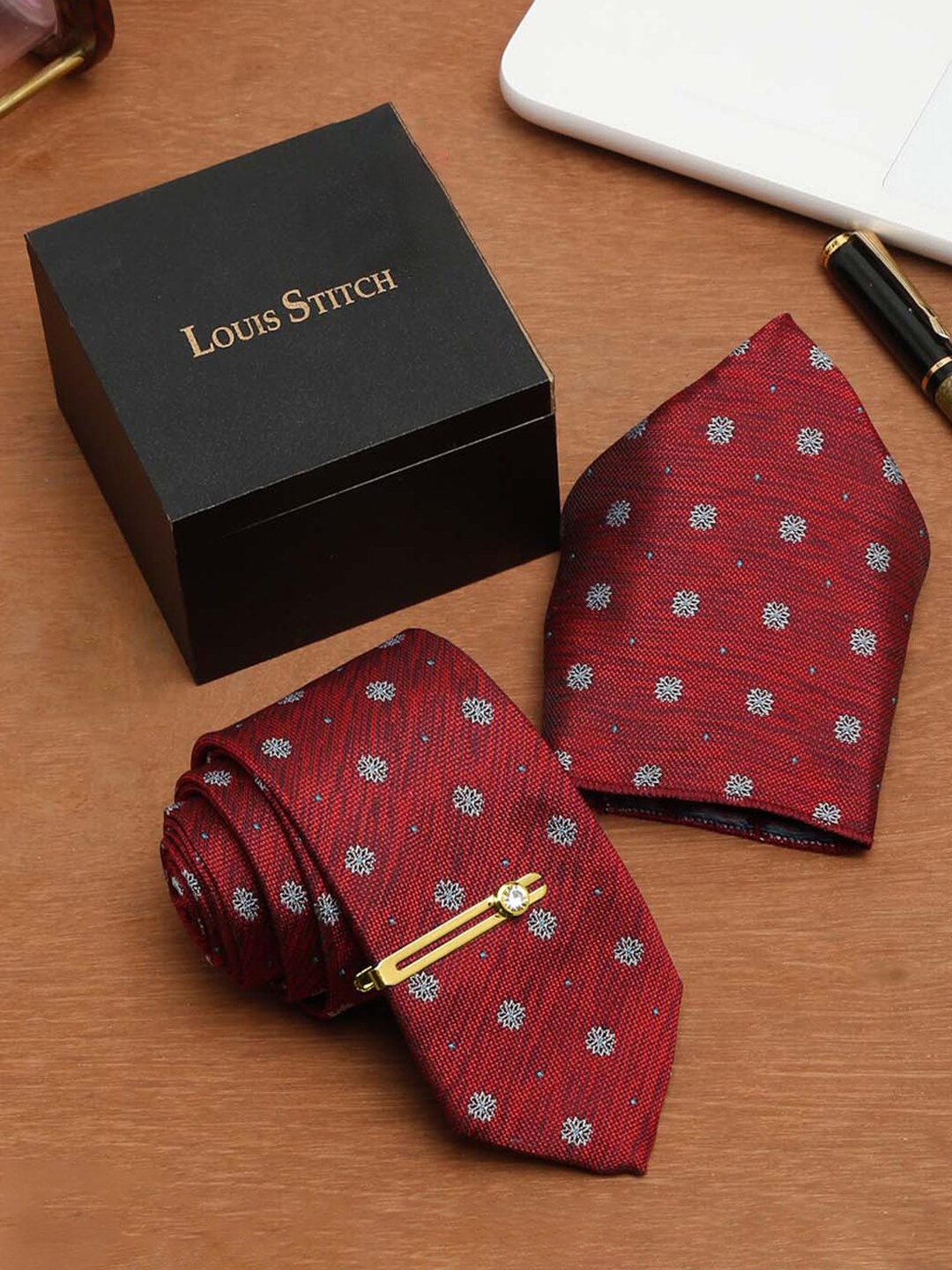 

LOUIS STITCH Men Silk Printed Necktie Accessory Gift Set, Red