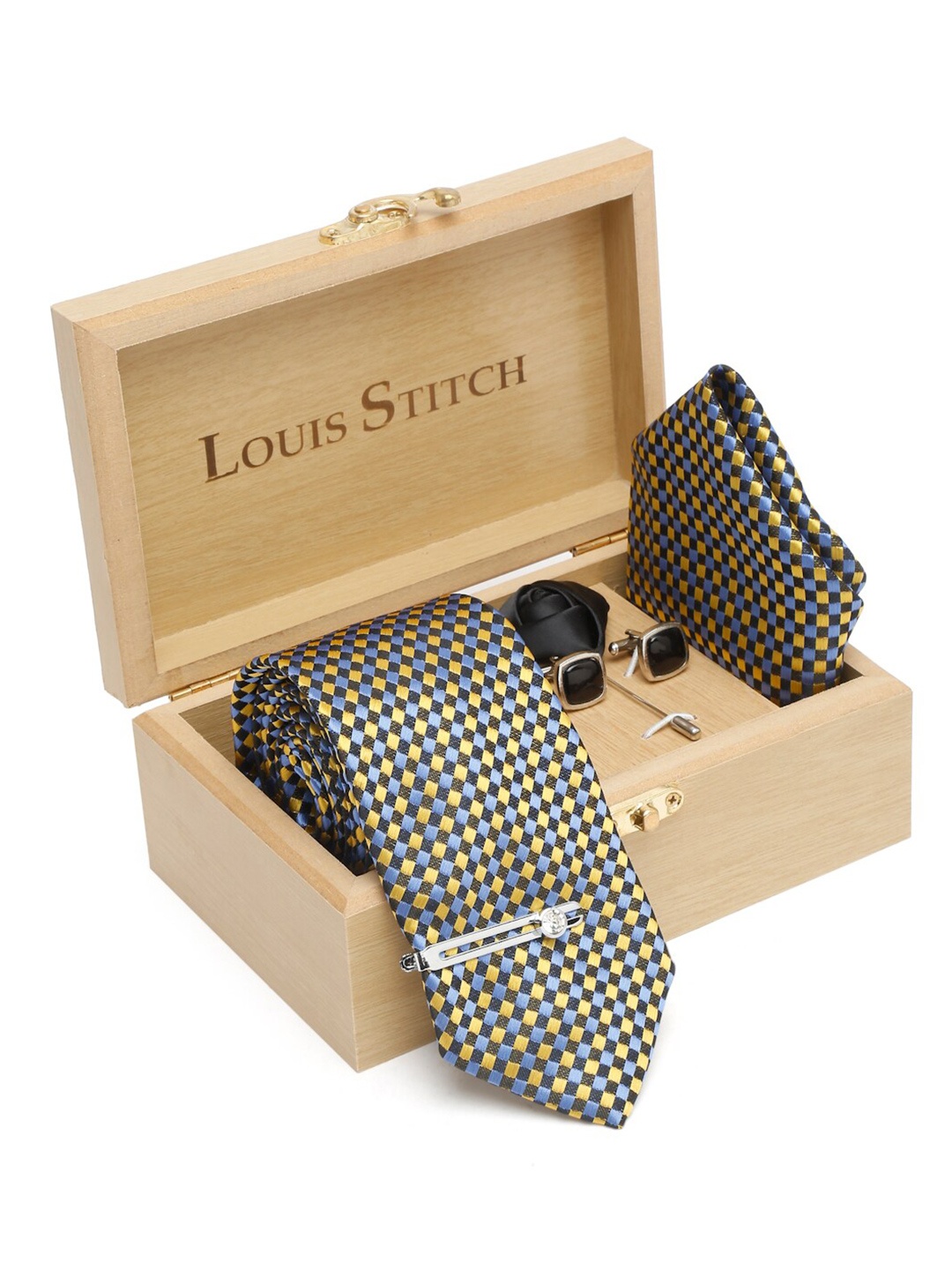 

LOUIS STITCH Men Printed Italian Silk Necktie Accessory Gift Set, Yellow
