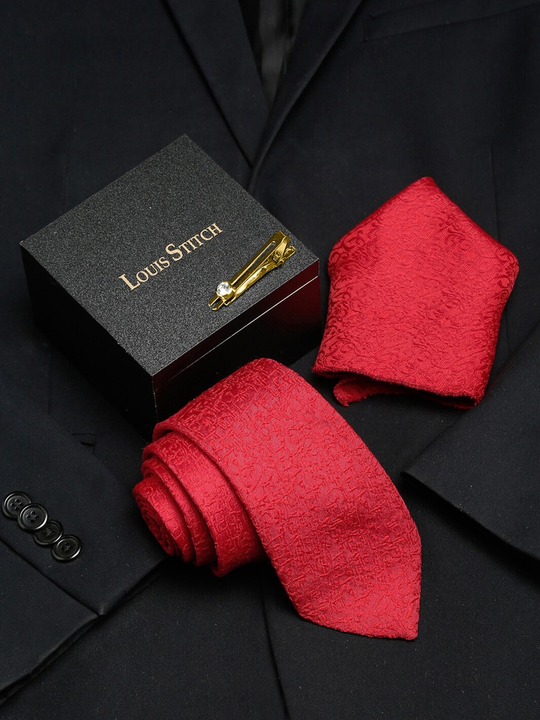 

LOUIS STITCH Men Printed Italian Silk Necktie Accessory Gift Set, Red