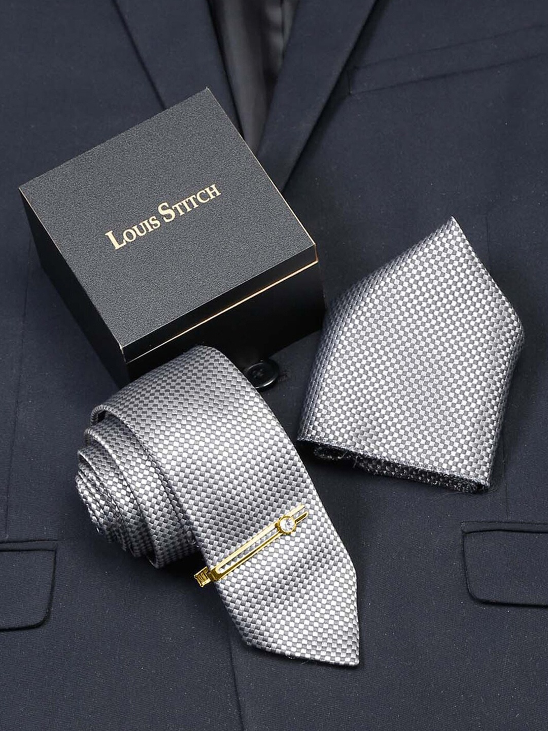 

LOUIS STITCH Men Printed Italian Silk Necktie Accessory Gift Set, Black
