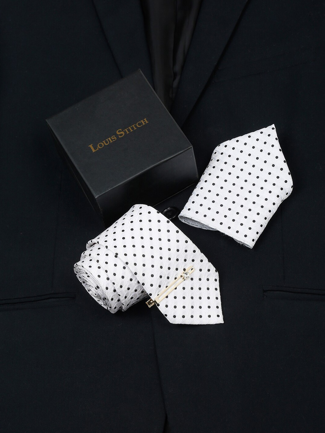 

LOUIS STITCH Men Printed Italian Silk Necktie Accessory Gift Set, White