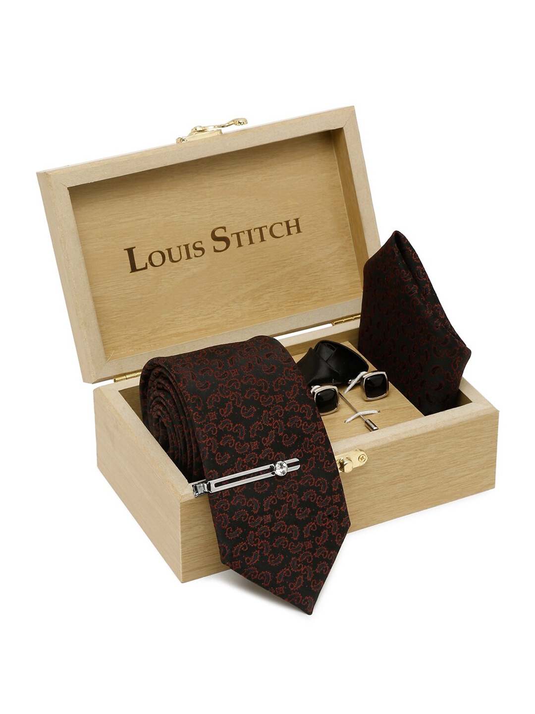 

LOUIS STITCH Men Printed Italian Silk Necktie Accessory Gift Set, Black