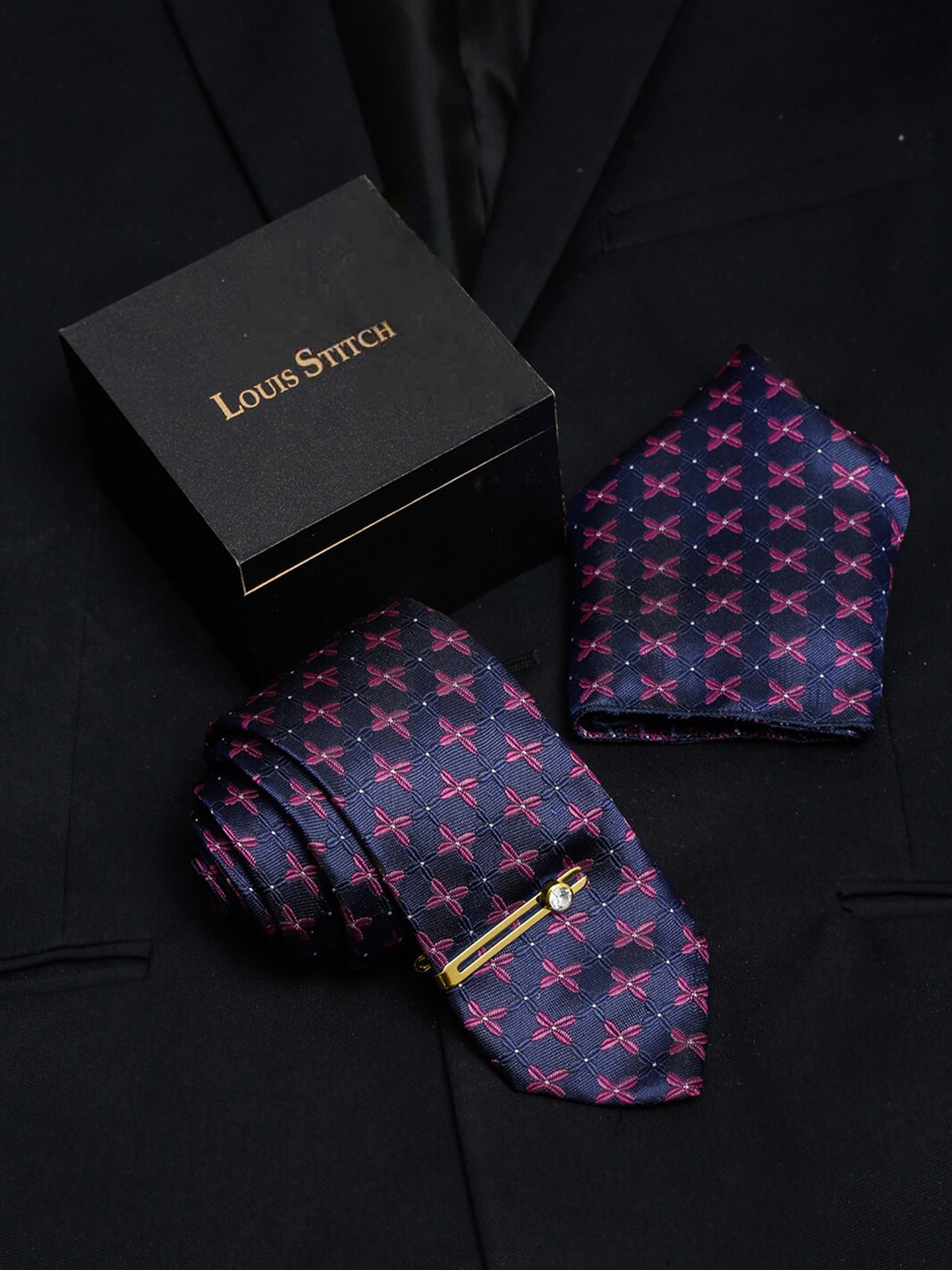 

LOUIS STITCH Men Printed Italian Silk Necktie Accessory Gift Set, Blue