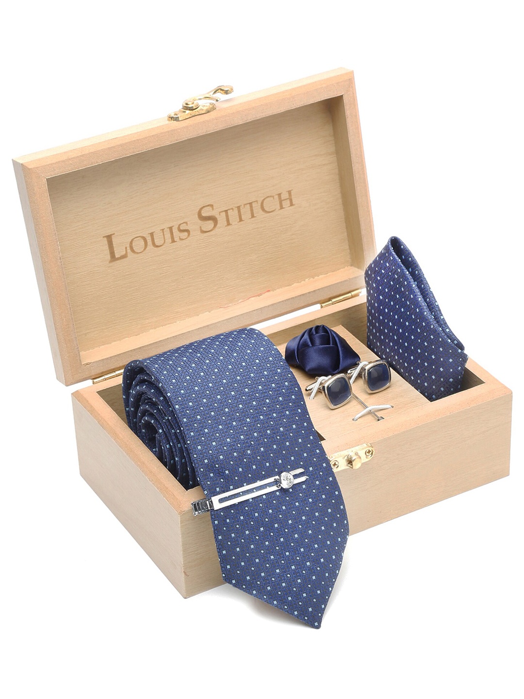 

LOUIS STITCH Men Printed Italian Silk Necktie Accessory Gift Set, Blue