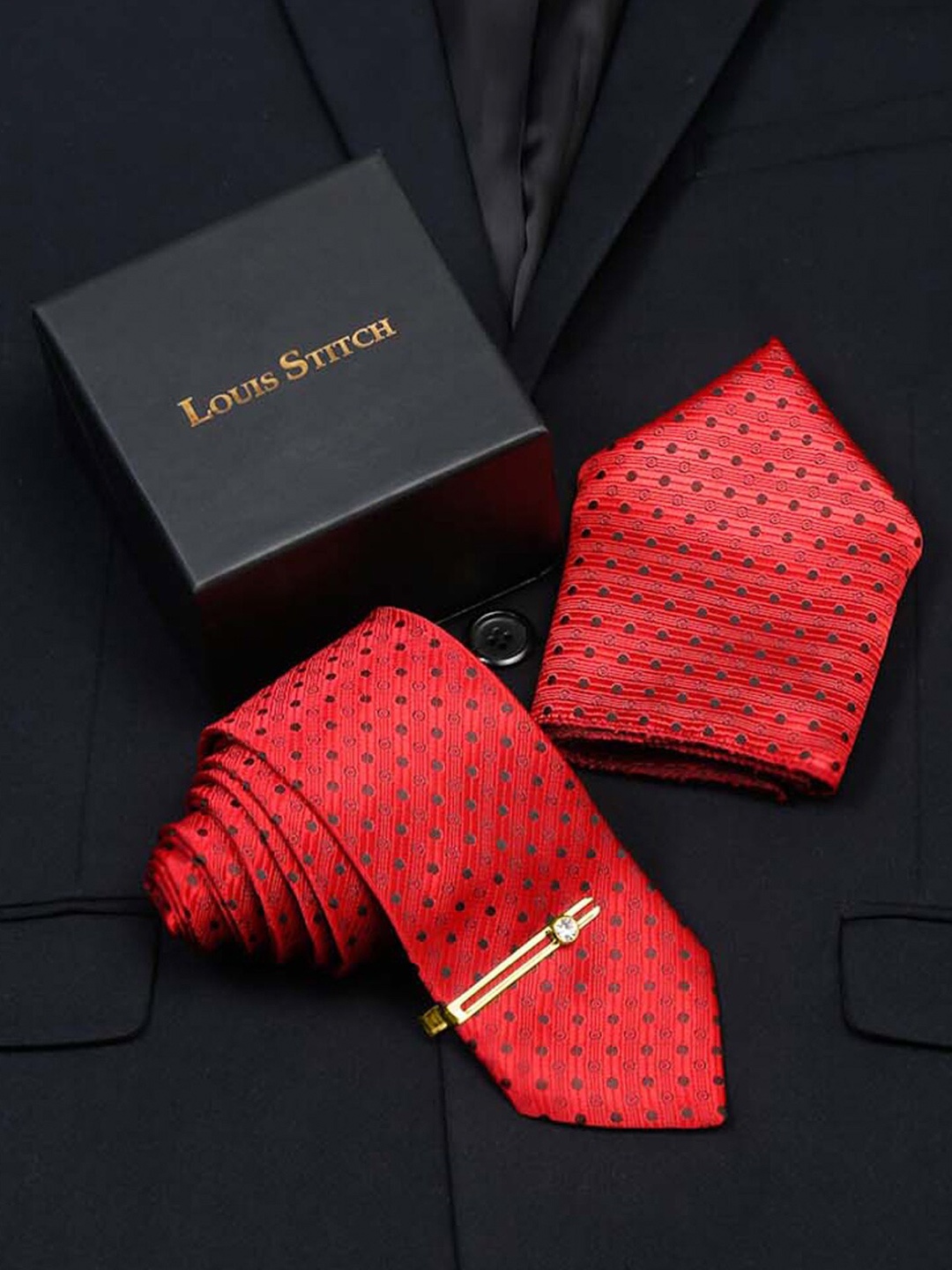 

LOUIS STITCH Men Woven Design Silk Necktie Accessory Gift Set, Red