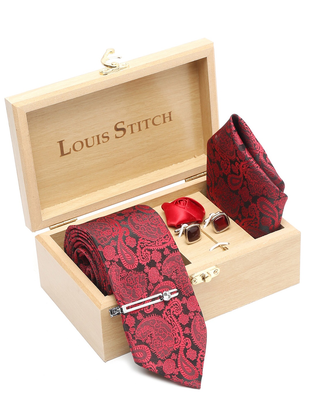 

LOUIS STITCH Men Printed Silk Necktie Accessory Gift Set, Red