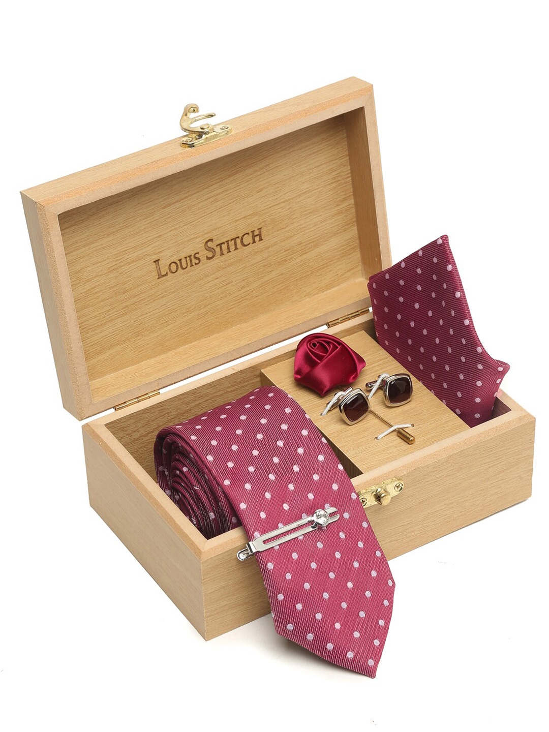 

LOUIS STITCH Men Printed Italian Silk Necktie Accessory Gift Set, Red