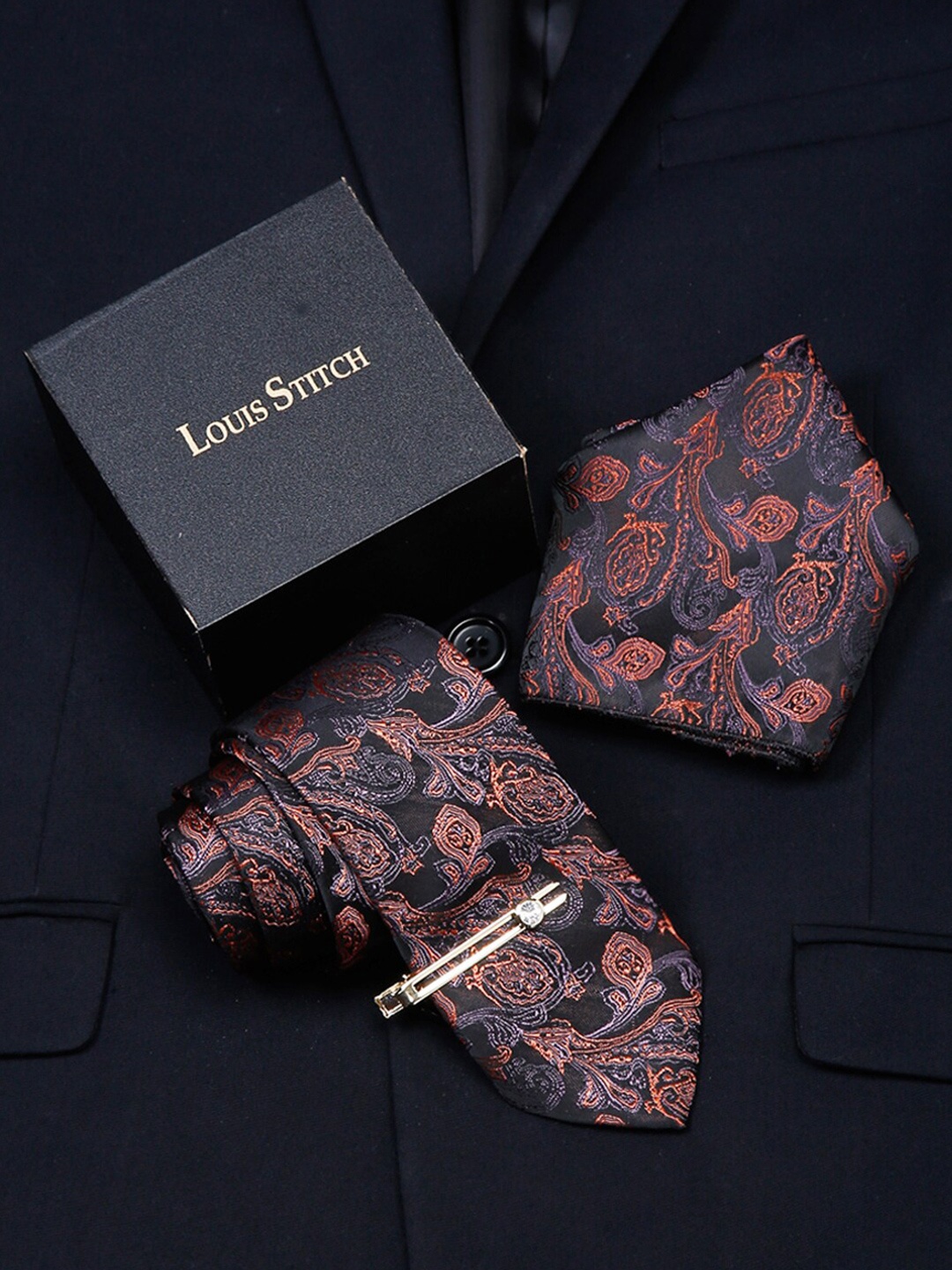 

LOUIS STITCH Men Printed Italian Silk Necktie Accessory Gift Set, Brown