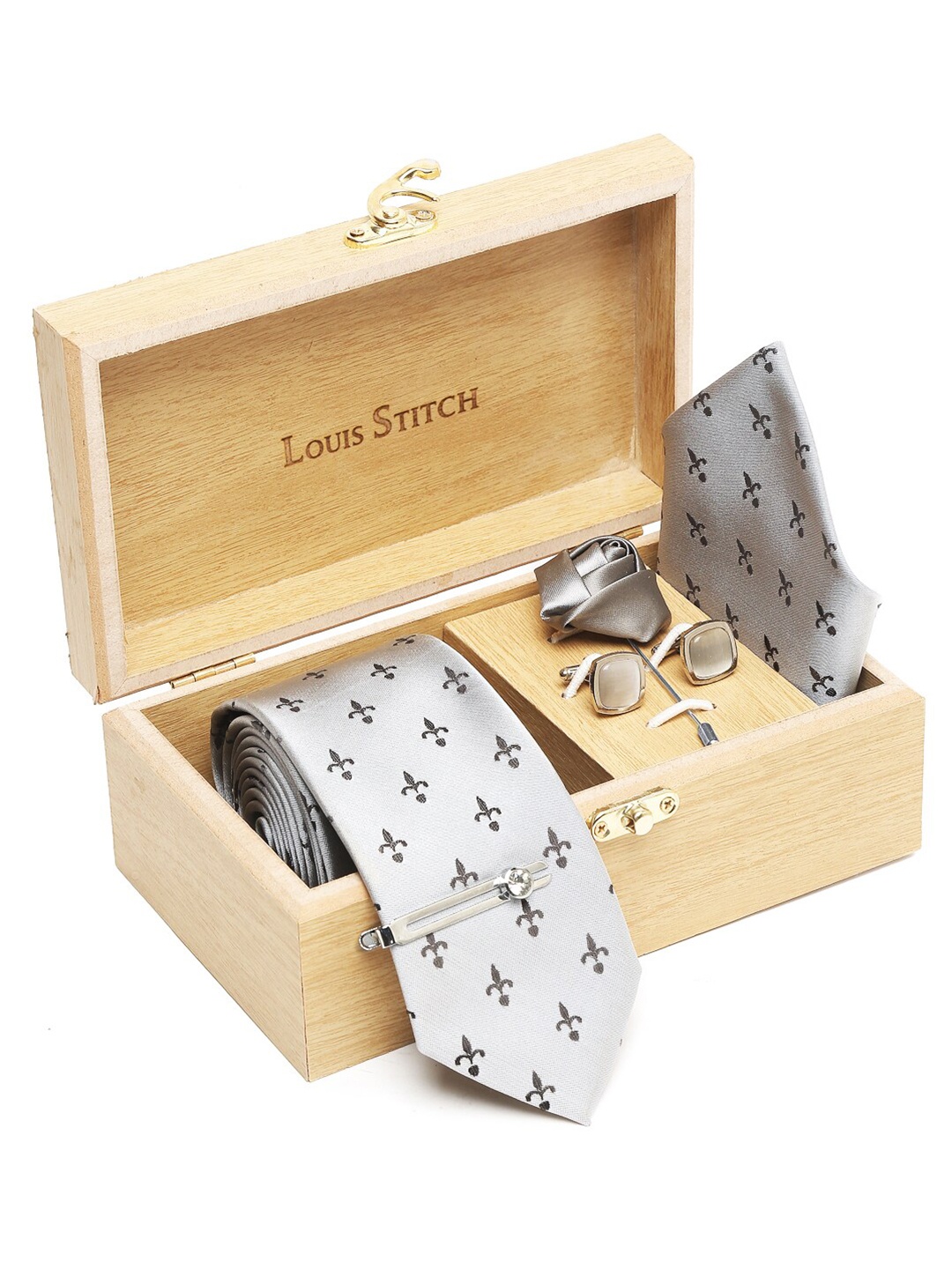 

LOUIS STITCH Men Printed Italian Silk Necktie Accessory Gift Set, Grey