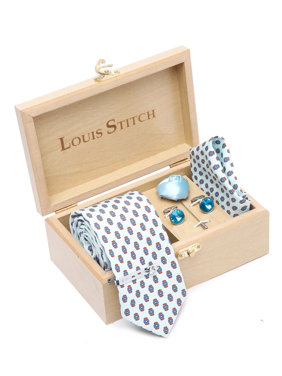

LOUIS STITCH Men Printed Italian Silk Necktie Accessory Gift Set, Blue